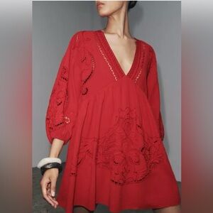 Zara Zw Collection Linen Blend Embroidered Eyelet V-Neck Short Dress Sz-XS